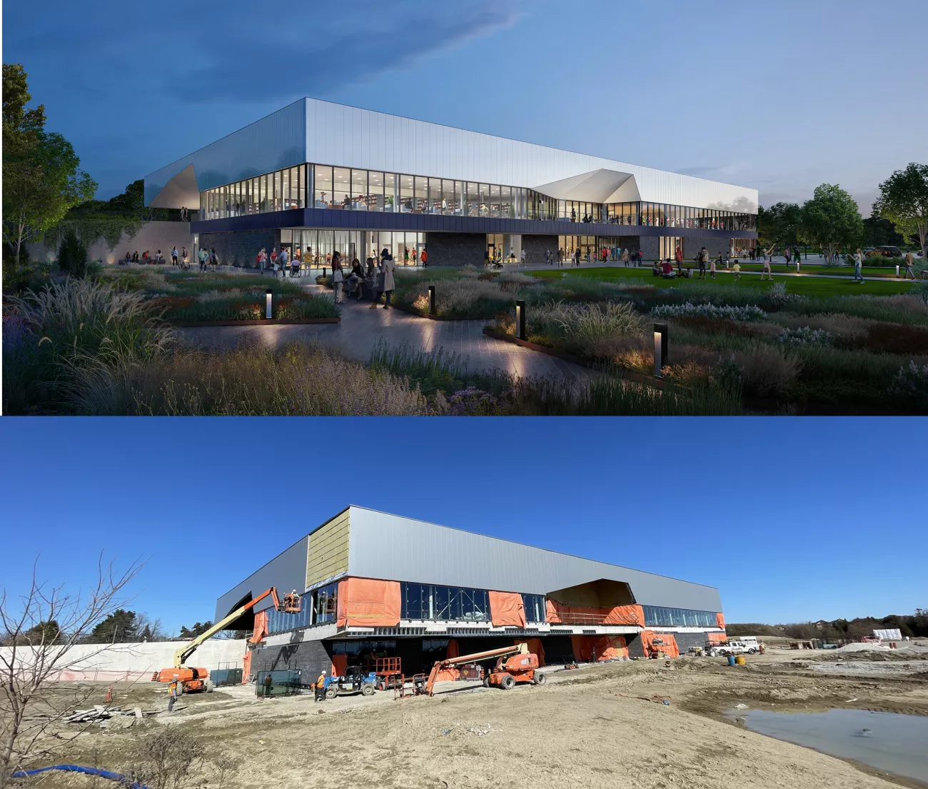 Carrville Community Centre and Library southwest perspective: proposed render and Q1 2024 progress.