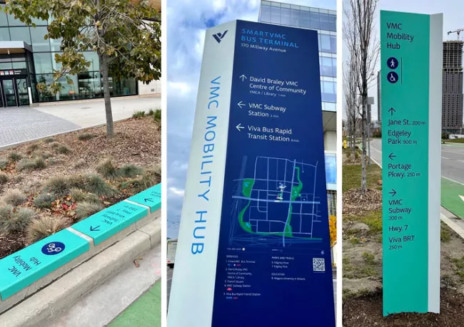 Three images of signs in the VMC showing the VMC Mobility Hub and directions to transit and nearby locations.
