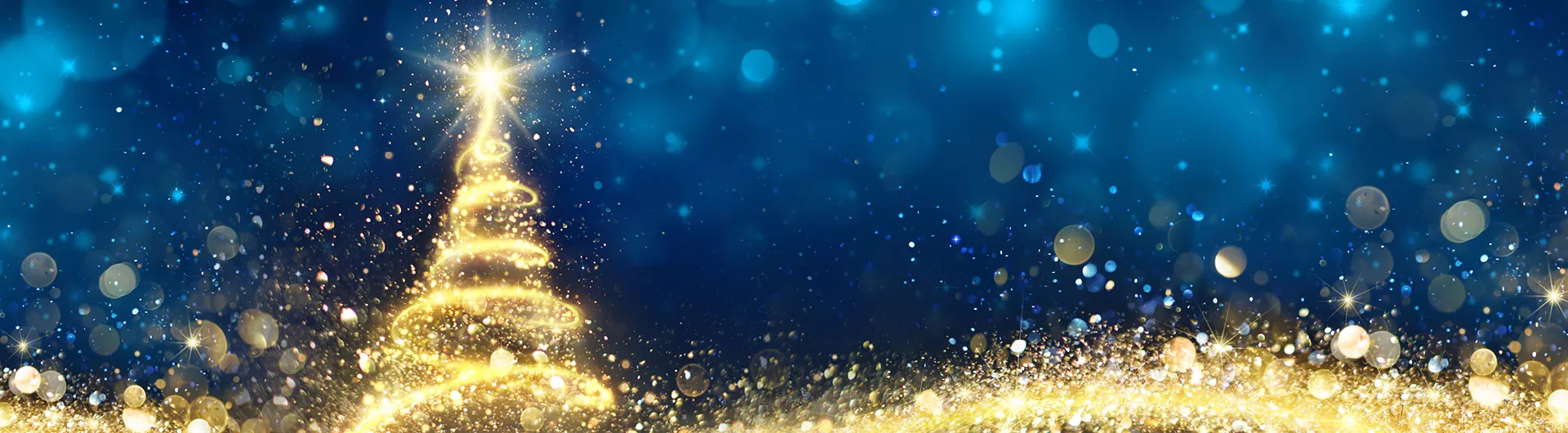 Image with blue background and a rendition of a gold lit christmas tree