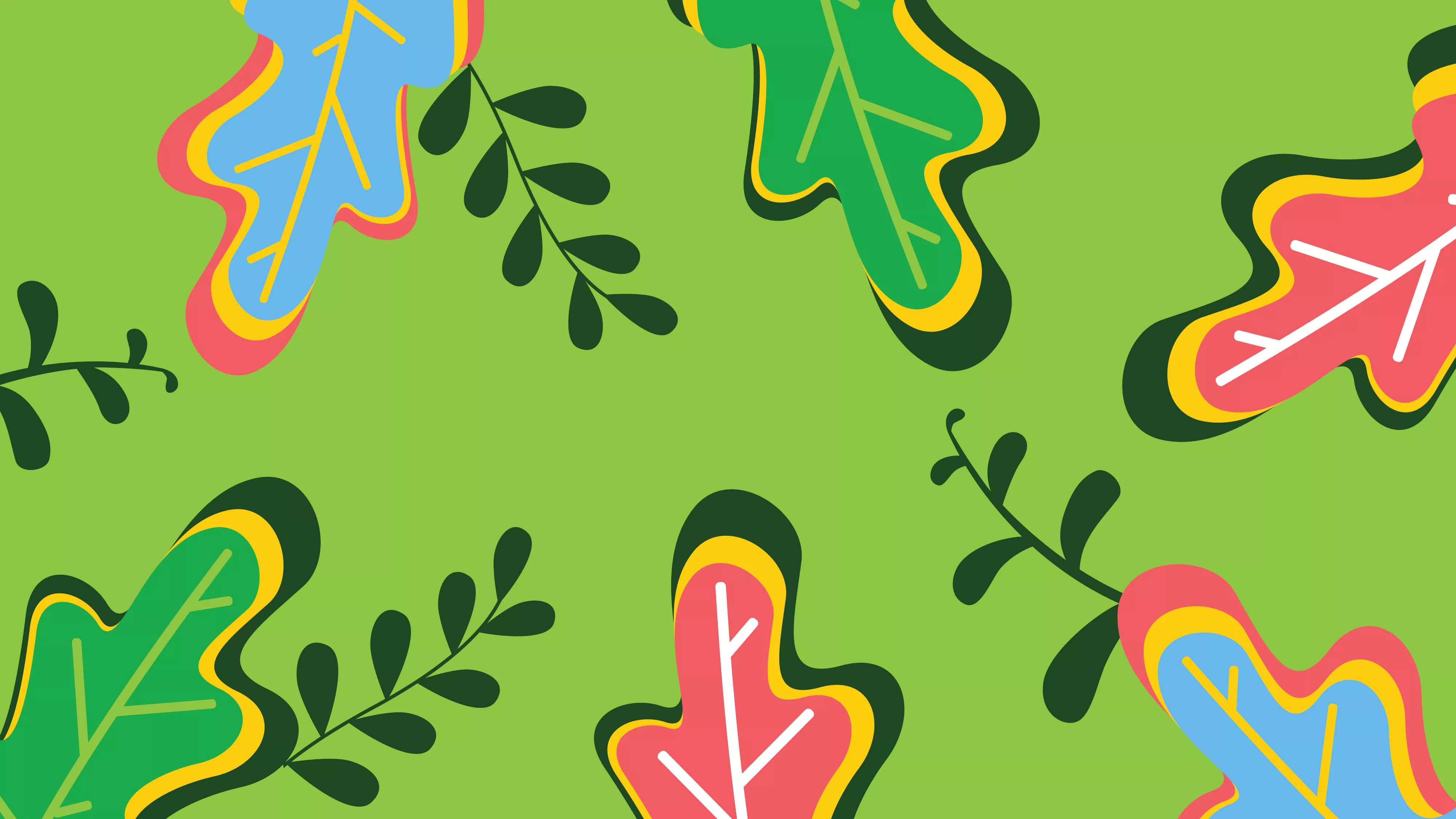 Cartoon leaves on a green background