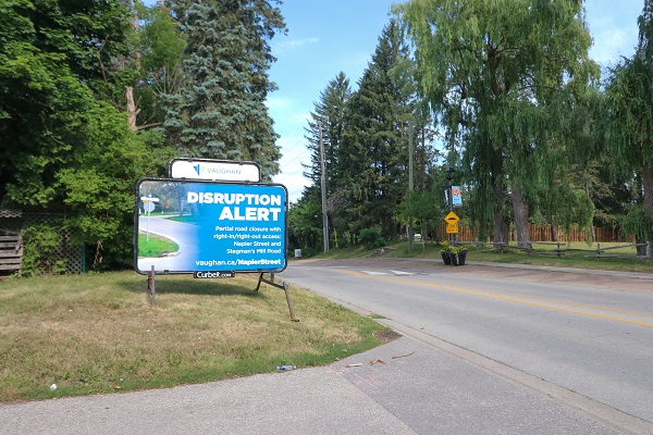 A view of the Napier Street disruption alert sign.