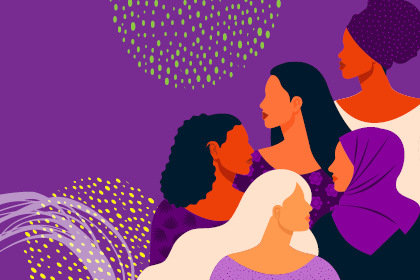Graphic with five women figures, diverse, multicultural 