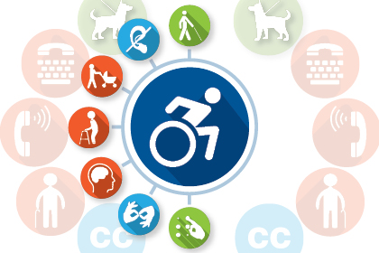 Series of icons representing accessibility including the wheelchair user symbol, sign language, guide dog, closed captioning and more. 