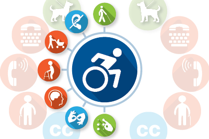 Series of icons representing accessibility including the wheelchair user symbol, sign language, guide dog, closed captioning and more.