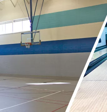 A split view image of a basketball court on the left side and Maple Community Centre bowling alley on the right side.