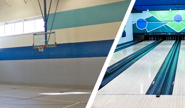 A split view image of a basketball court on the left side and Maple Community Centre bowling alley on the right side.