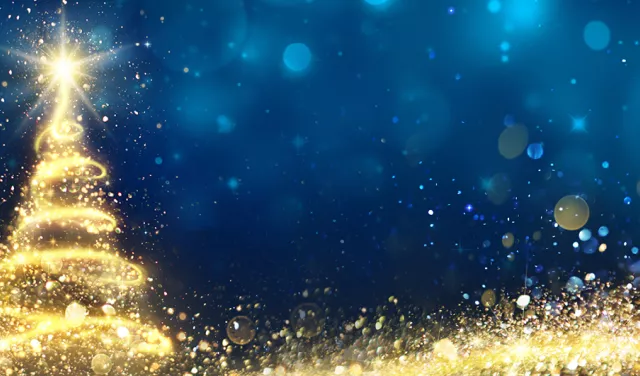 Image with blue background and a rendition of a gold lit christmas tree