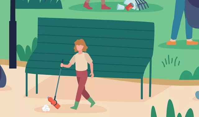 Illustration of a group of people picking up garbage outside