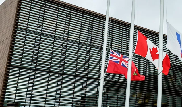 photo of ciity hall with three flags at half mast