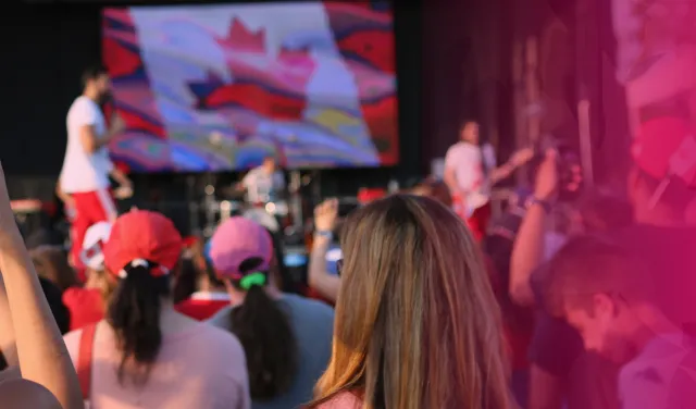 A group of people in an outdoor concert