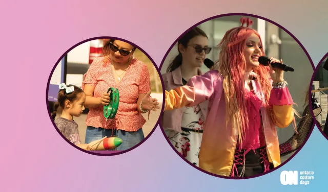 Ontario Culture Days banner with a pink-to-teal gradient background featuring three circular photos of people making music, singing and dancing