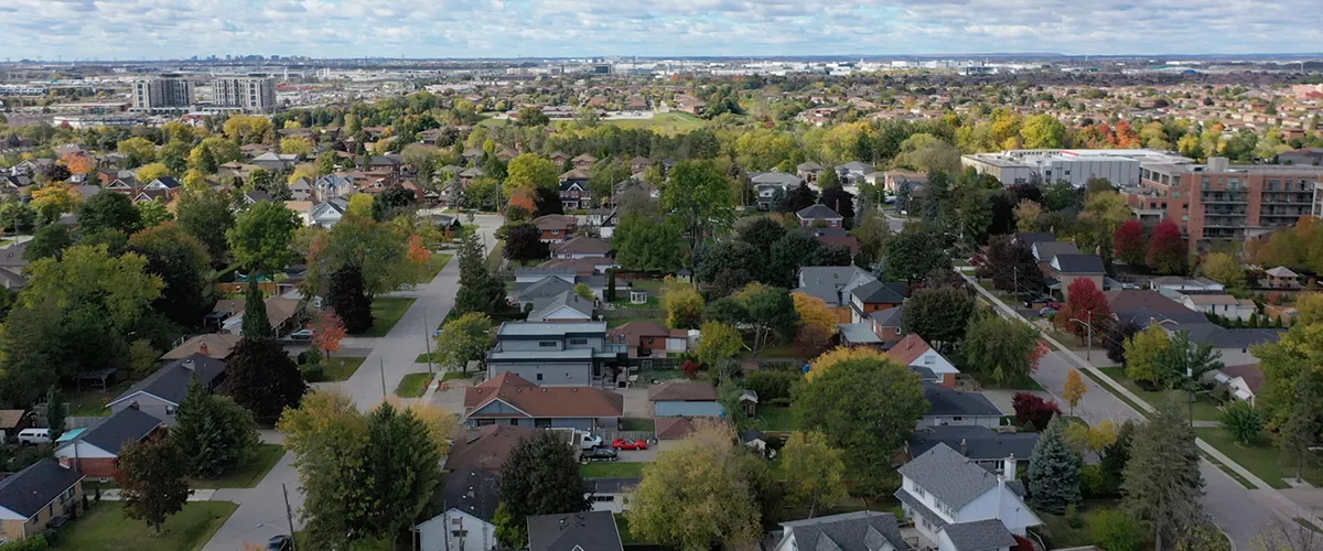 An aerial view of a residential subdivision.