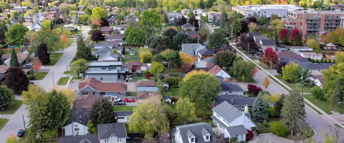 An aerial view of a residential subdivision.