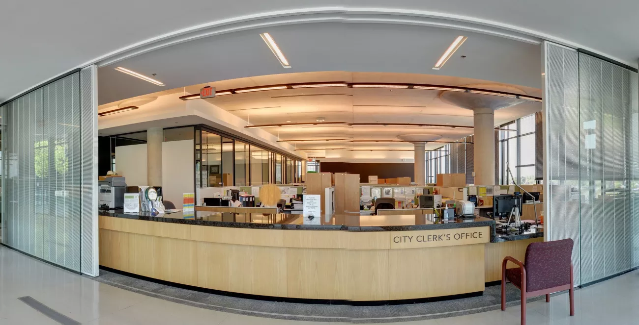 A front view of the office of the City Clerk.