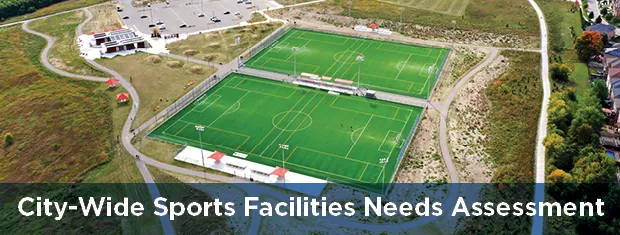 An aerial view of a sports field with the text "City-Wide Sports Facilities Needs Assessment" layered on.