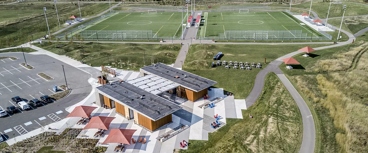 Aerial view of main pavilion and soccer fields at NMRP