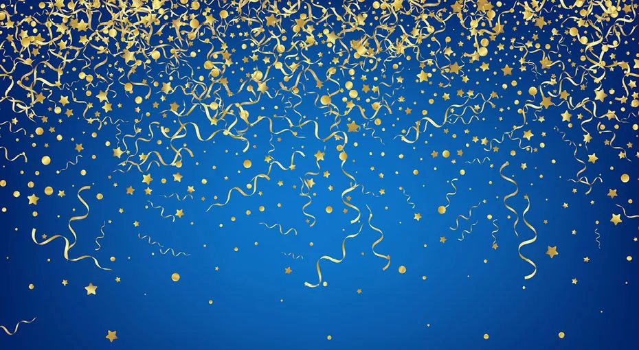 A blue background covered in confetti.