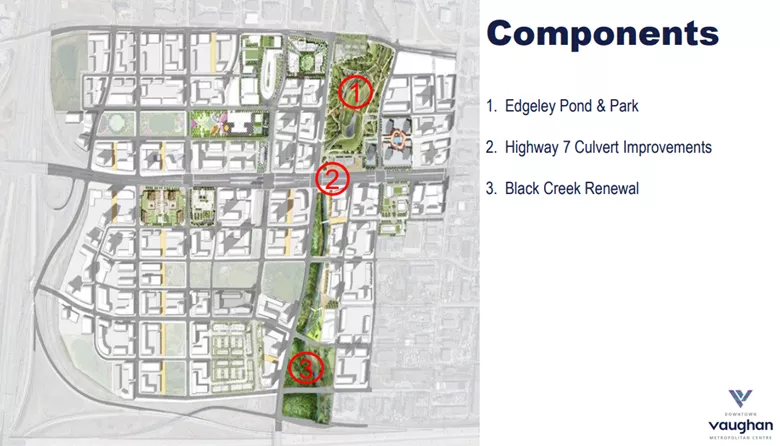 Black Creek Environmental Assessment image highlighting each location involved in construction activity. Construction of Edgeley Pond and Park, replacement of the culvert under Highway 7 at Jane Street and renewal of the Black Creek channel between Highway 7 and Highway 407.