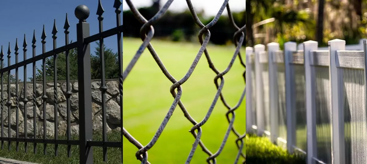 A wrought iron fence, a chain link fence and a wooden fence