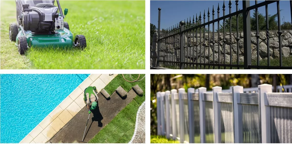 Collage of two fences, a lawnmower mowing grass and a man laying grass