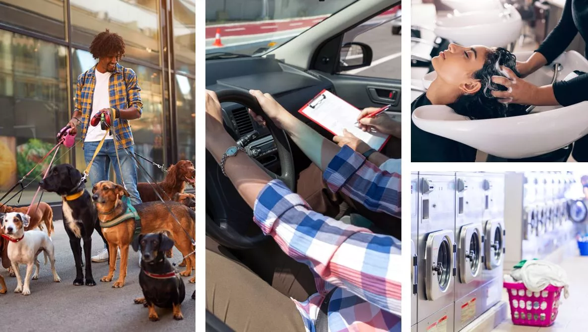 Dog walker, driving instructor, laundromat and person having their hair shampooed at a salon