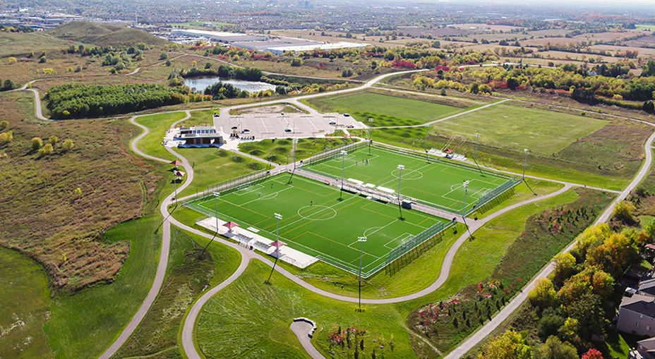 Aerial photograph of the two FIFA-certified artificial turf fields. 