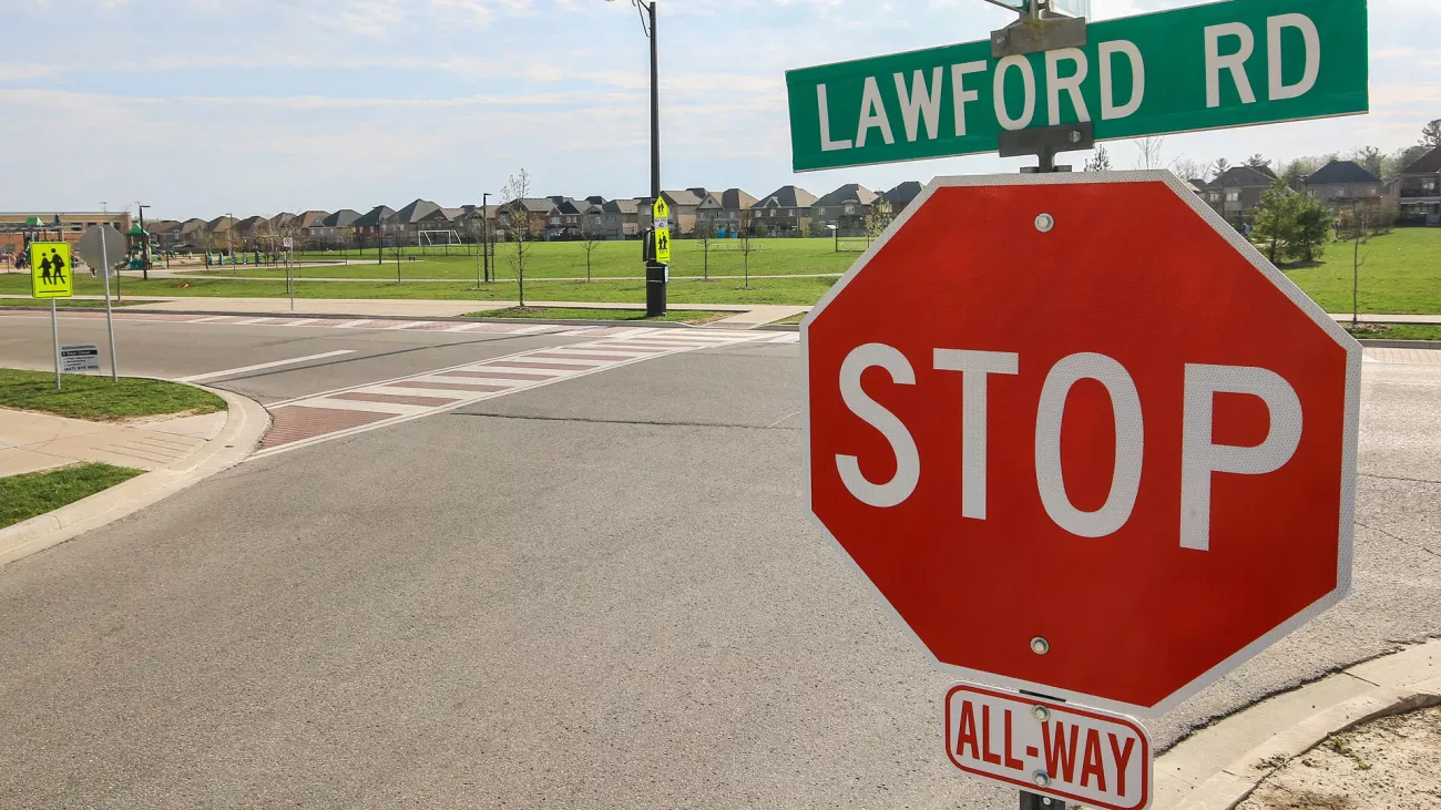 Stop sign at Lawford Road in Vaughan, Ontario