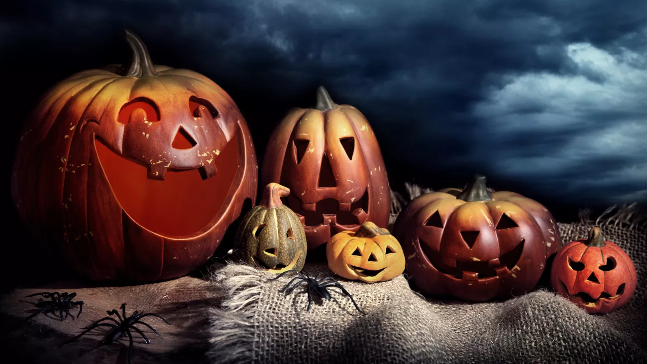 a variety of spooky jack-o-lanterns. 
