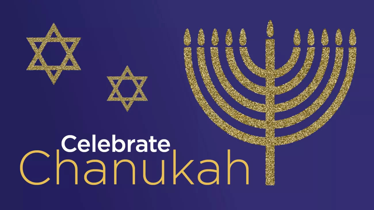 Blue background with gold image of menorah and star