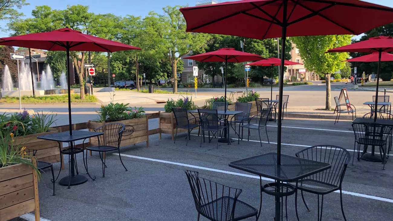 An outdoor seasonal patio in the summer