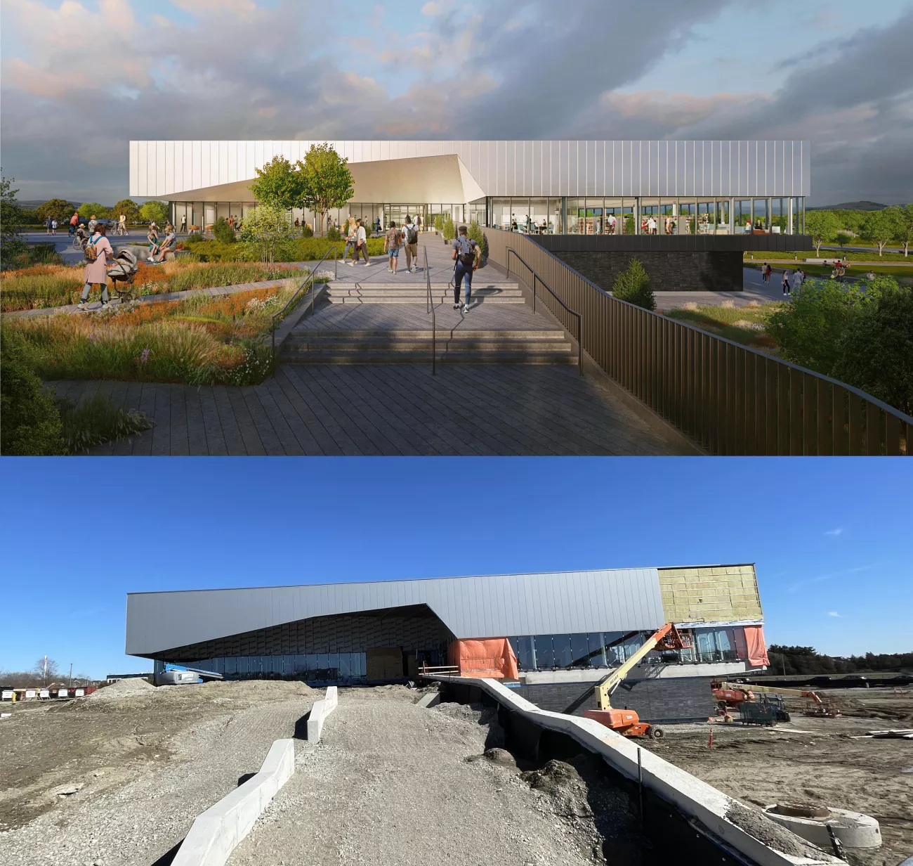Carrville Community Centre and Library west entrance: proposed render and Q1 2024 progress.