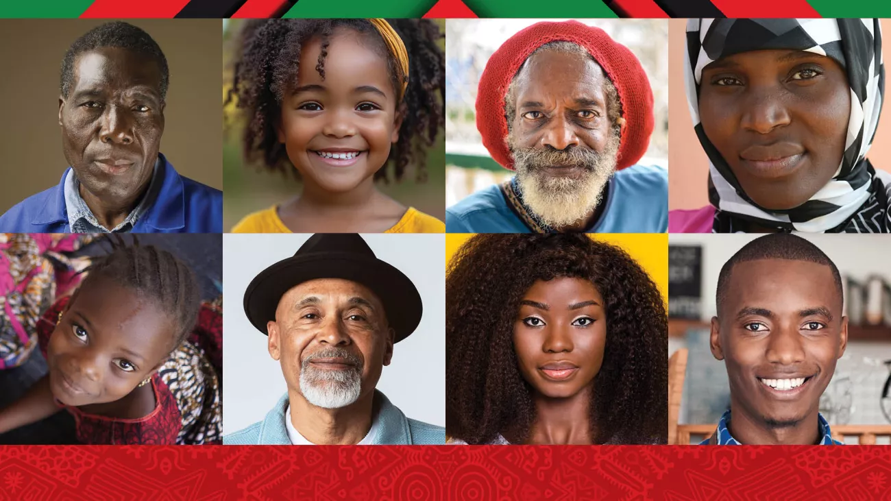 The faces of eight diverse Black individuals