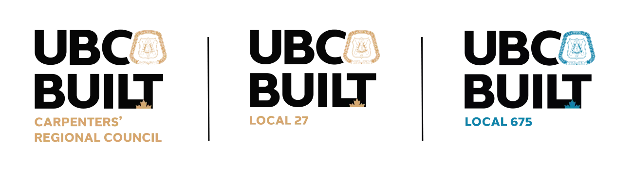 Logos including UBC BUILT for Carpenters' Regional Council, Local 27, and Local 675