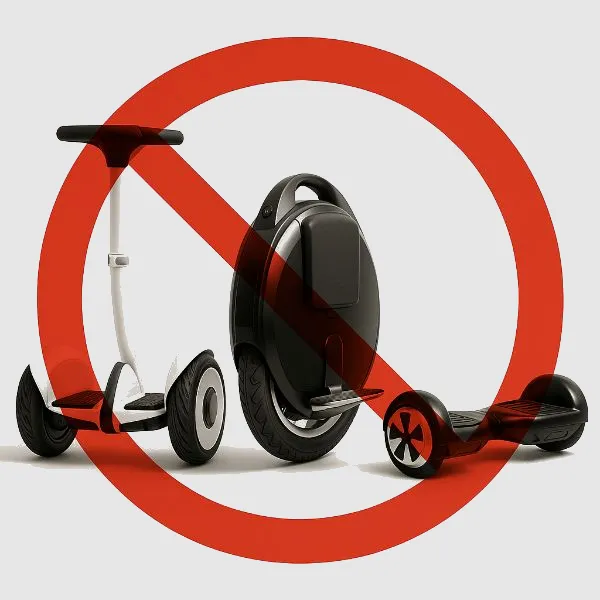 Electric segway, electric segway and hoverboard with a red strike through the image.