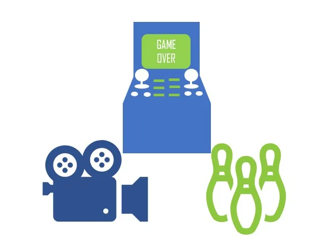 Image of arcade machine, bowling pins and movie camera