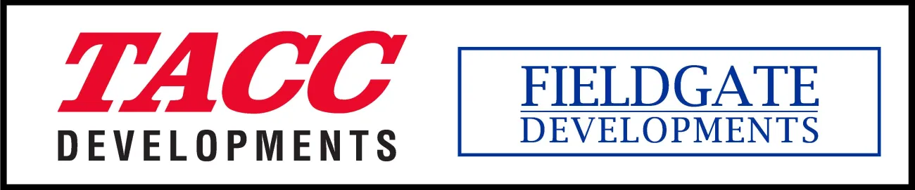 TACC Developments logo in red and black followed by Fieldgate Developments logo in blue