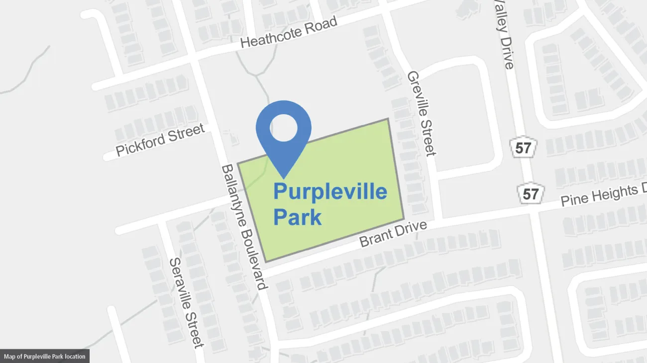Image shows map of future Purpleville Park location at 140 Brant Drive