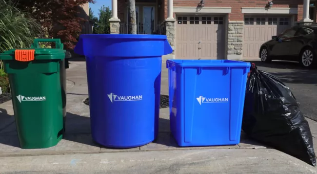 garbage bag, two blue boxes and green bin at the curb