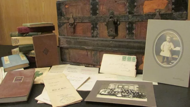 Various archival pieces on a table