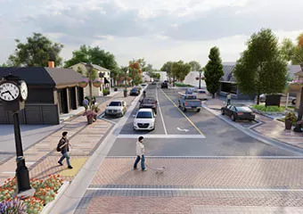 Rendering of the future improvements depicting flowerbeds and planters, streetlights and pedestrians.