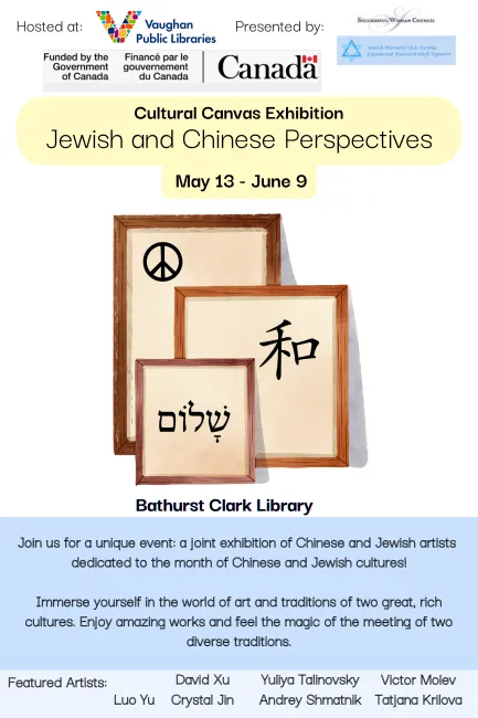 Chinese and Jewish art in a brown picture frame