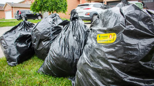four garbage bags at the curb