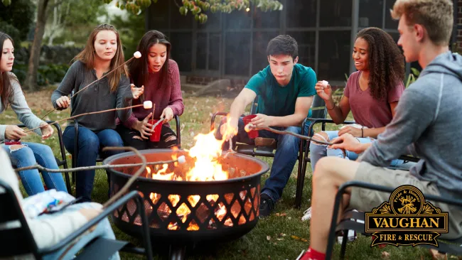 Friends sitting around the camp fire roasting marshmallows