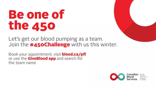 Poster with text that says "450 new donors are needed a day to keep up with patient need.