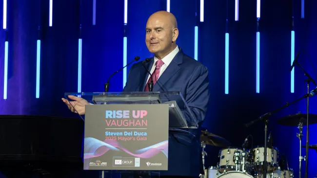 Mayor Steven Del Duca at the podium at the 2025 Mayor's Gala