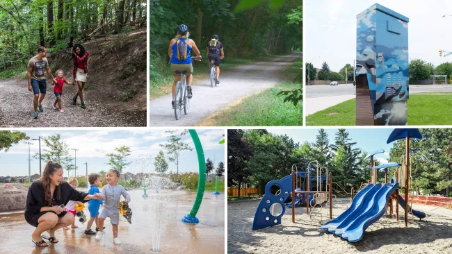 people outside at the park, splashpad, trails