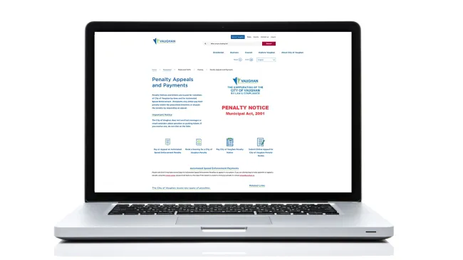 a laptop displaying vaughan.ca/penaltyappeals