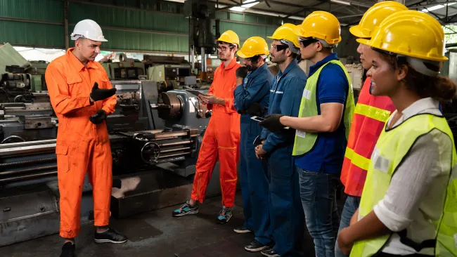 People wearing vests and hard hats and being taught by someone in the skilled trades sector