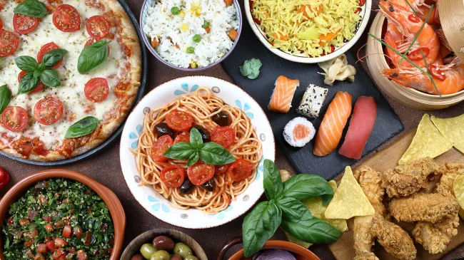 a variety of food options in a table