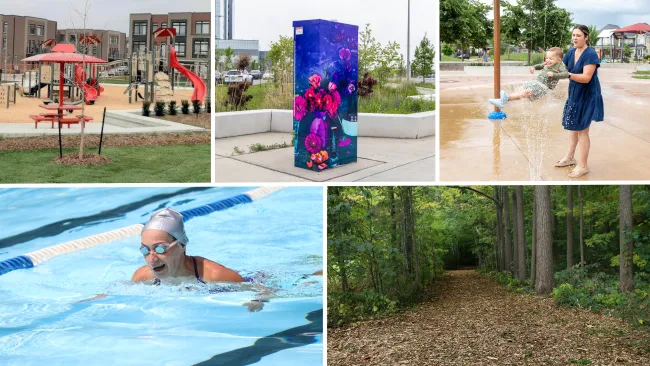 swimming, splashpads, trails, art, parks